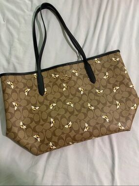 Coach Brown Signature Tote with Bee Motif and Black Handles